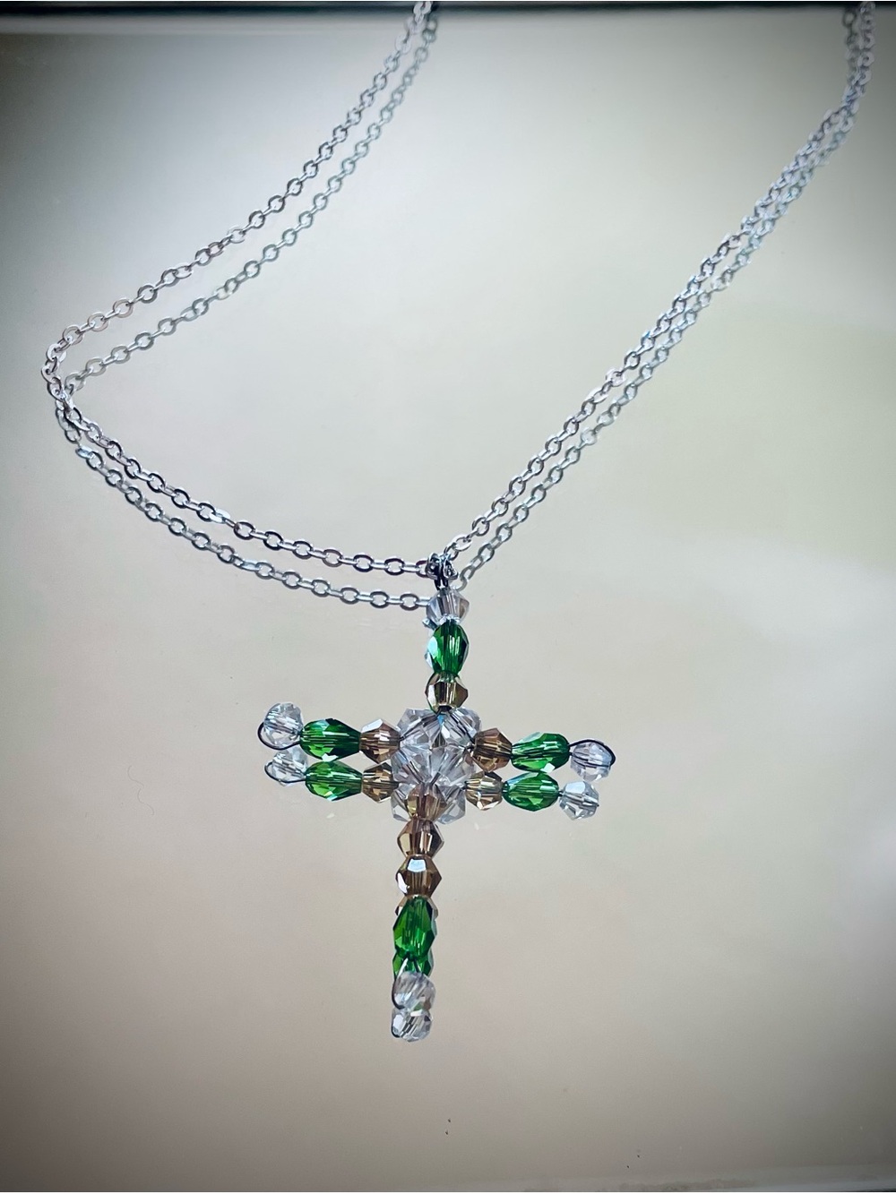 Green Crystal Bead Cross Necklace on Silver Chain